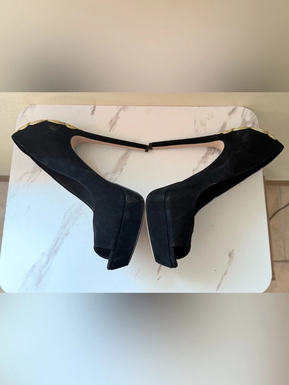 Brian Atwood Raja Black Suede Peep-Toe Platform, Gold Embellishment, EUC, Size 9
